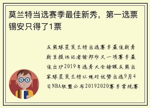 莫兰特当选赛季最佳新秀，第一选票锡安只得了1票